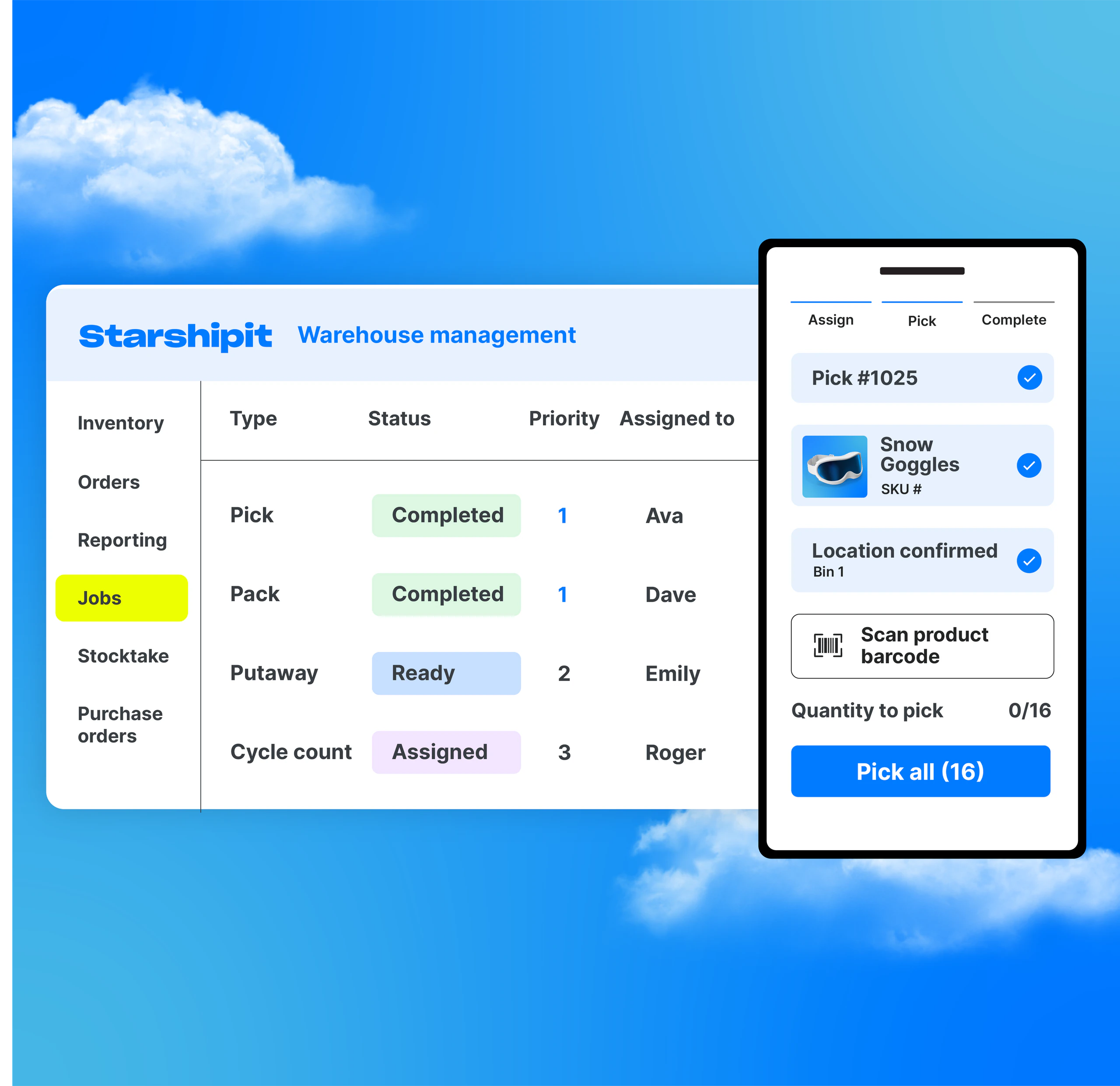 Starshipit Warehouse Management hero image showing the warehouse jobs dashboard and mobile picking workflow