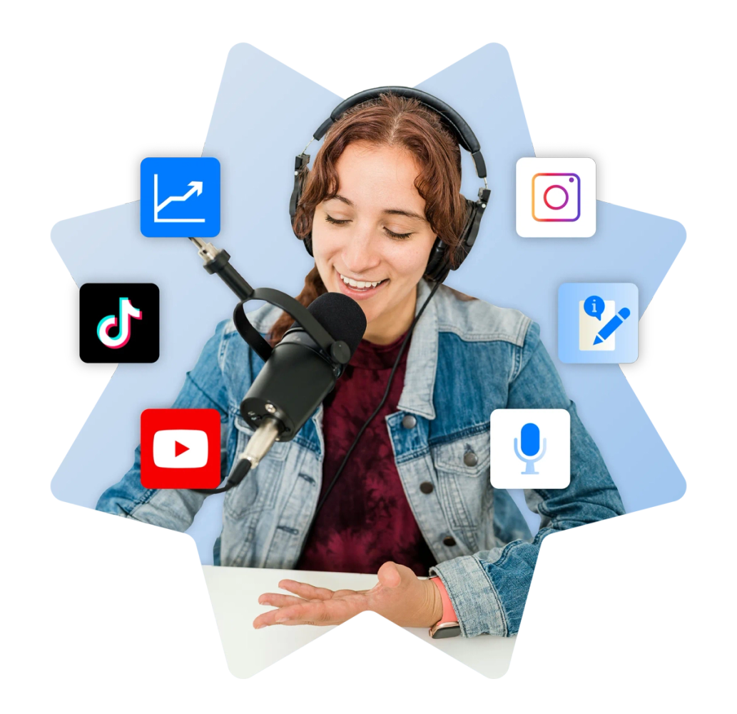 Female Podcaster surrounded by Instagram, Tiktok, YouTube, microphone, blog, profit graph icons