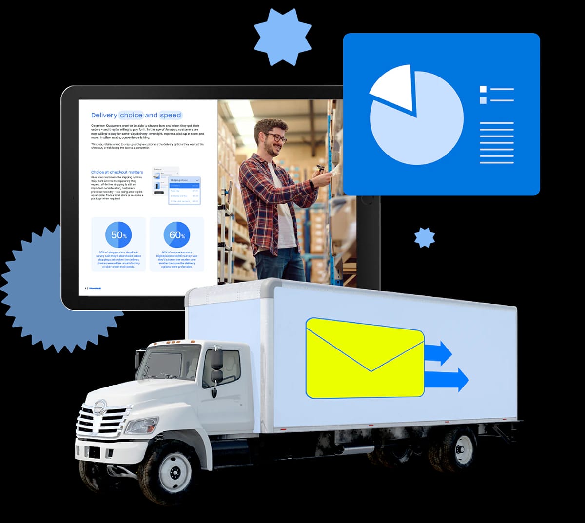 Evolving Expectations 2023 hero artwork showing the report cover, delivery truck, package, chart, and dashboard icons