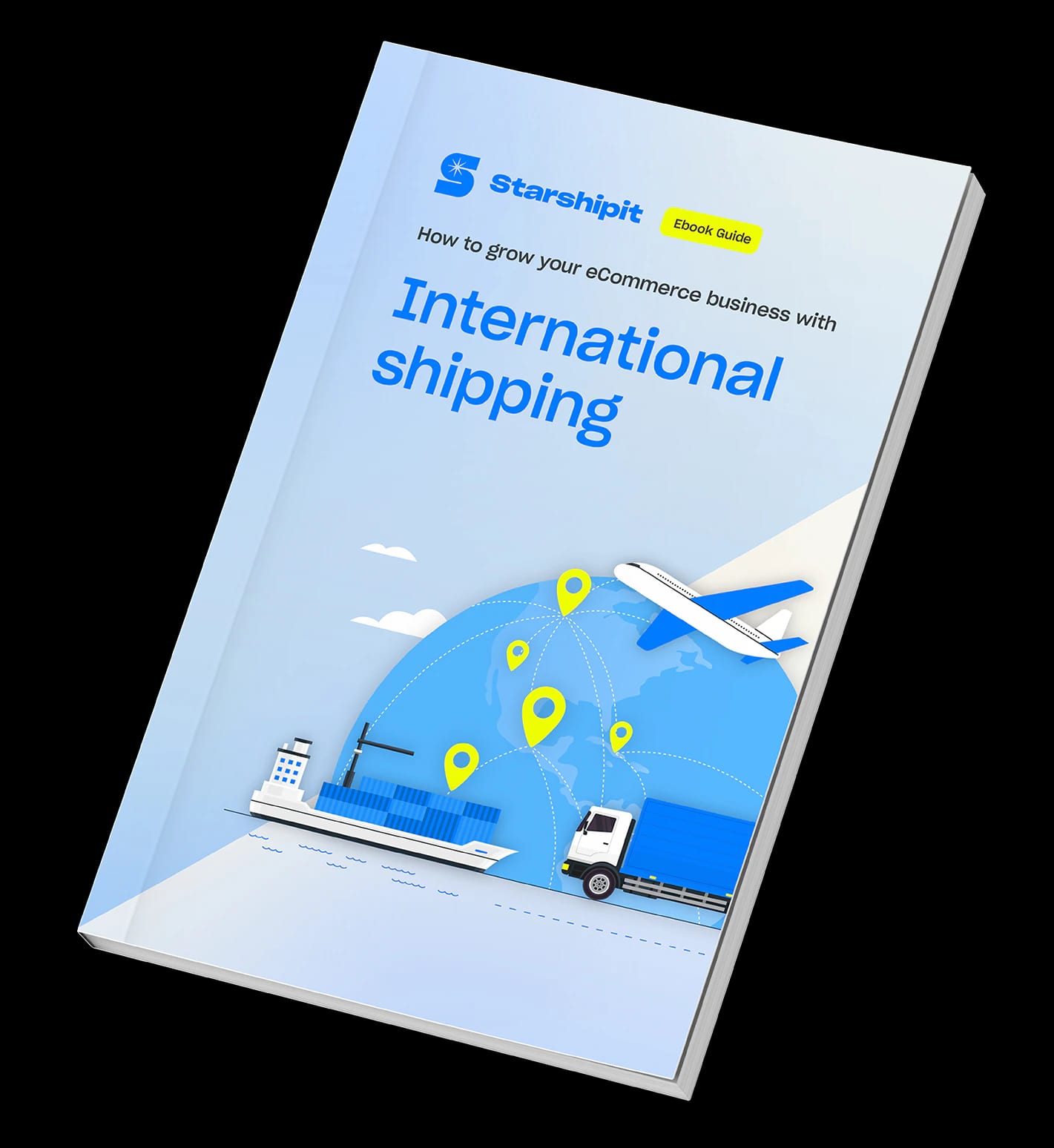 How to grow your eCommerce business with international shipping ebook cover displayed as a tilted book mockup