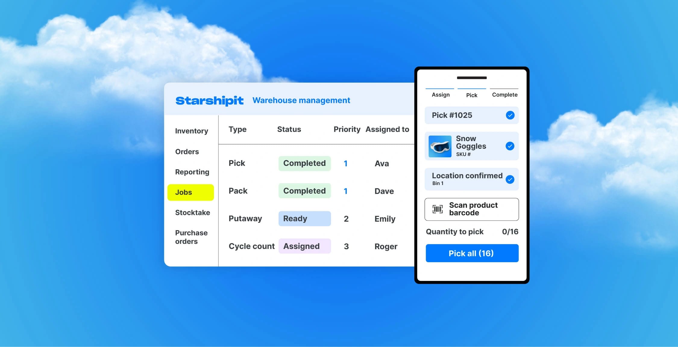 Starshipit WMS warehouse management interface shown against a blue sky