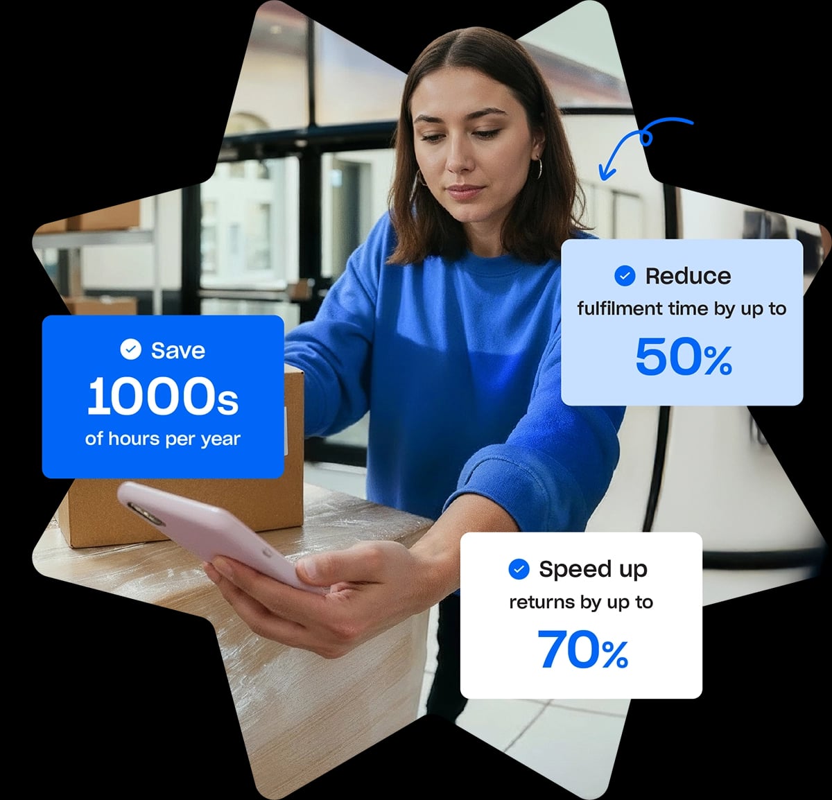 Starshipit homepage hero illustration showing a warehouse worker packing orders with fulfilment performance callouts