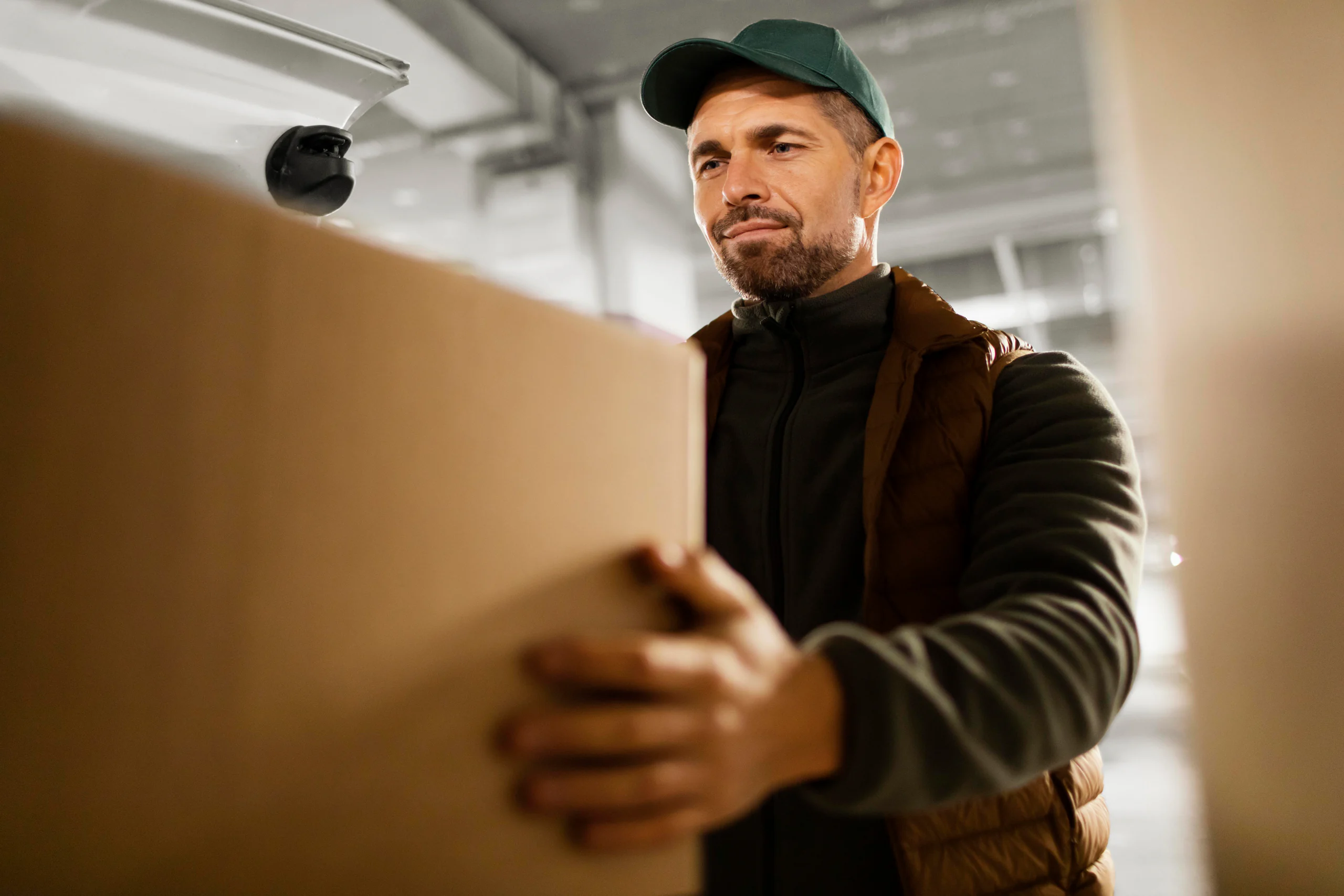 Delivery driver carrying a cardboard parcel