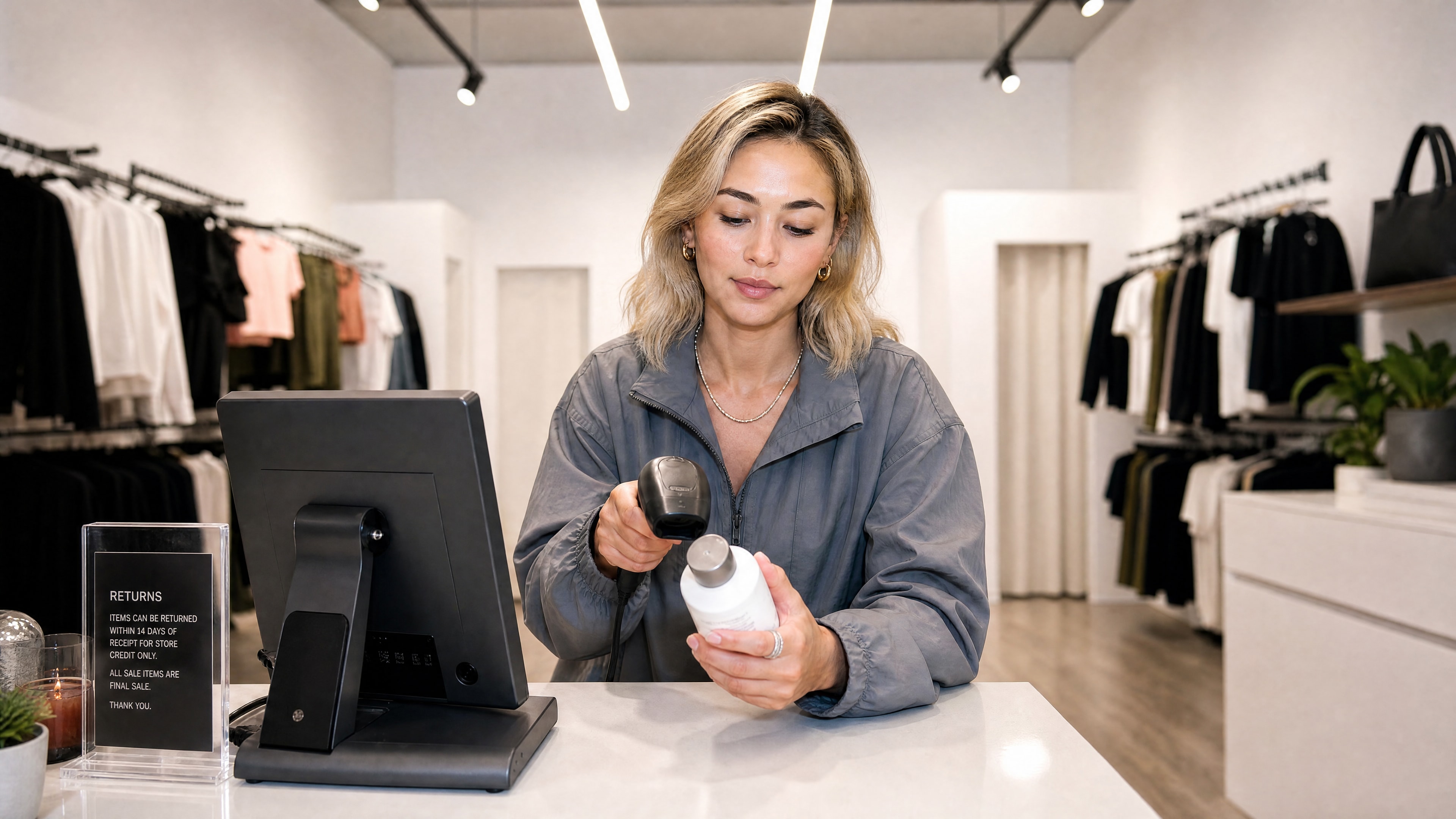 boutique staff scanning product at counter clean
