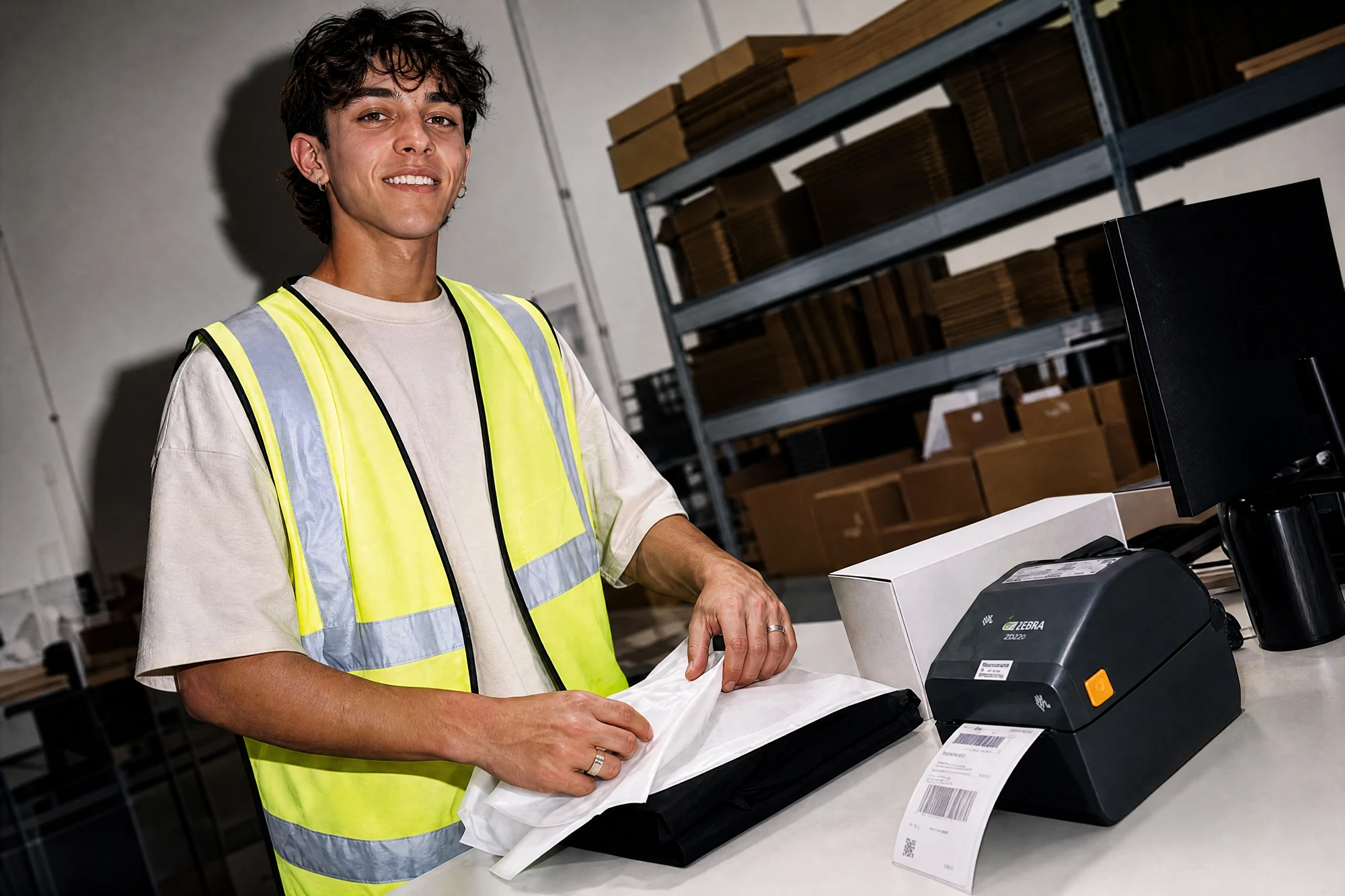 warehouse worker label printer