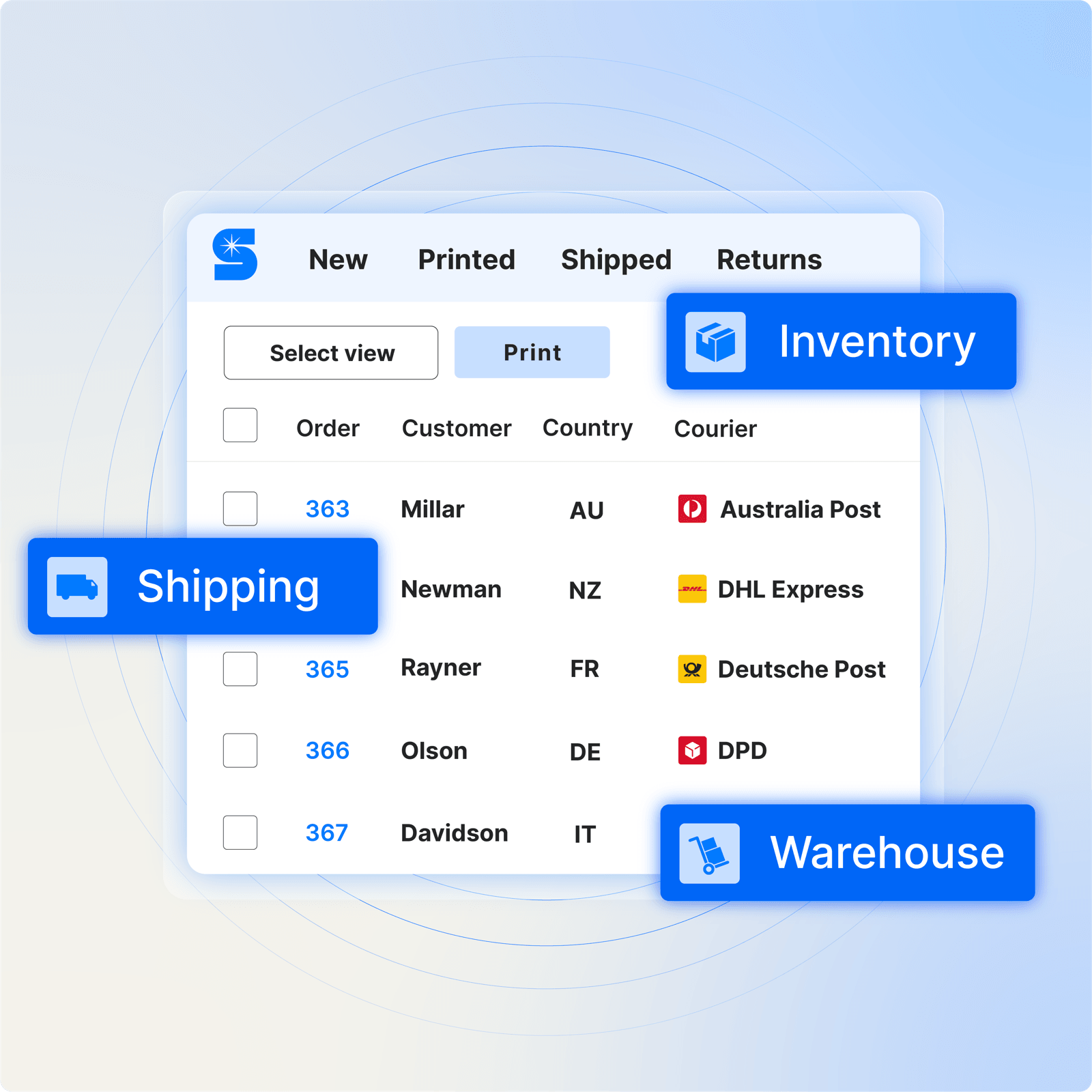 Starshipit shipping, inventory and warehouse dashboard illustration Starshipit shipping, inventory and warehouse dashboard illustration