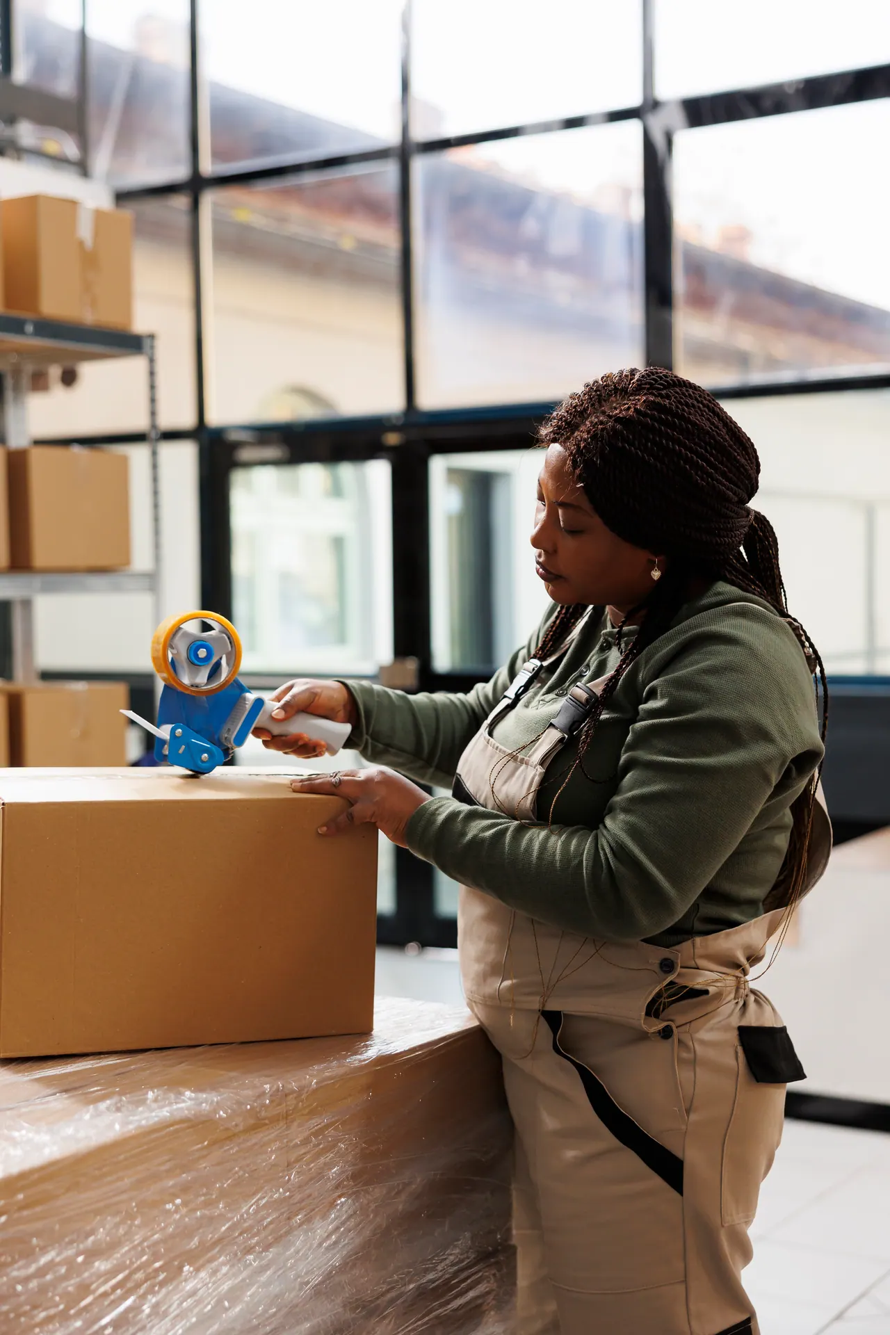 Warehouse worker sealing a cardboard shipping box Warehouse worker sealing a cardboard shipping box