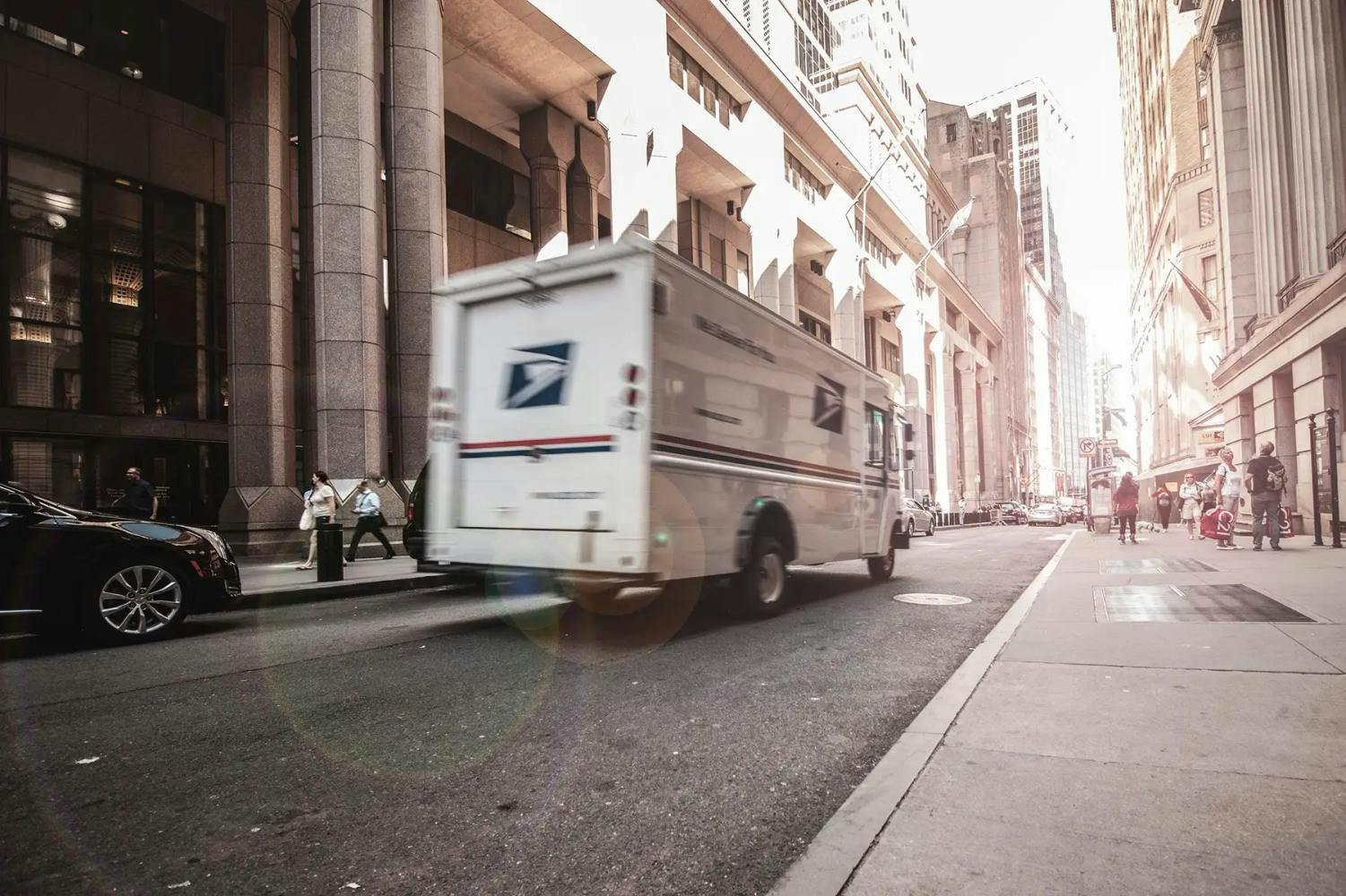 UPS courier van driving through city