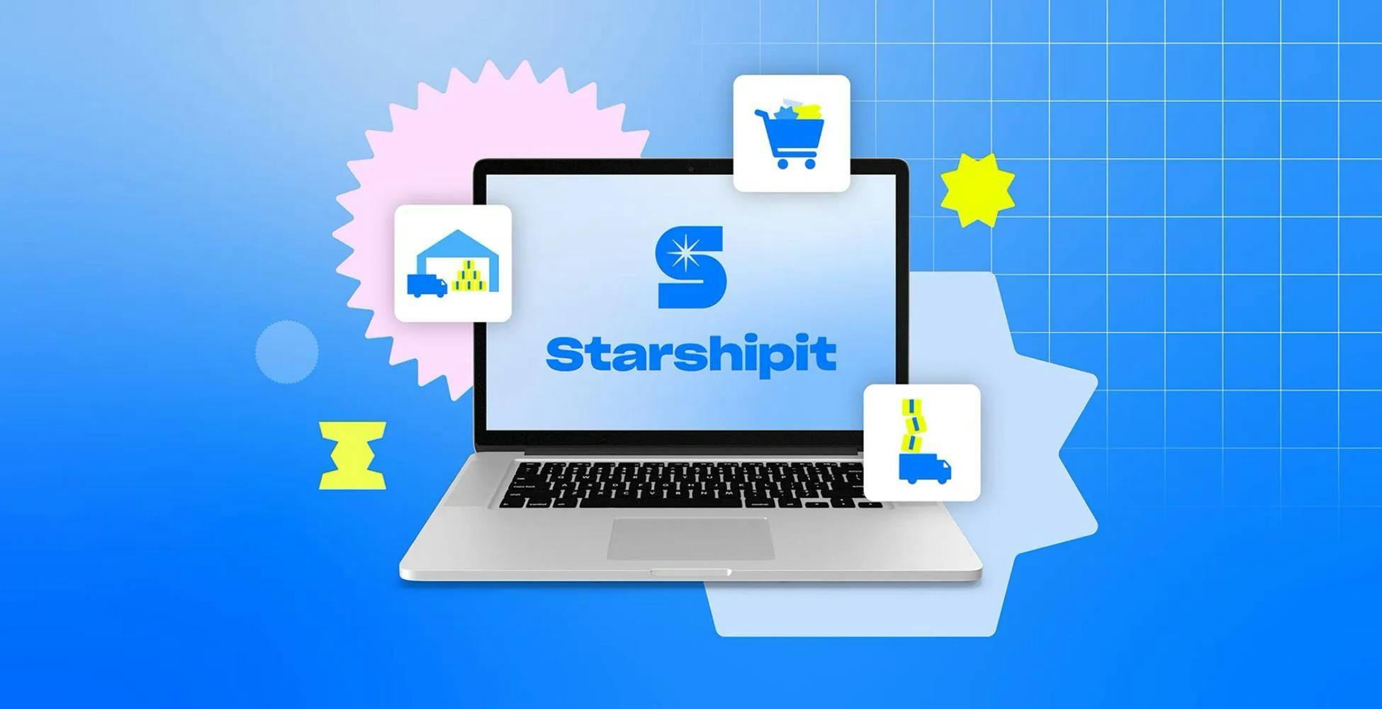 Starshipit illustration of laptop with different symbols arranged around