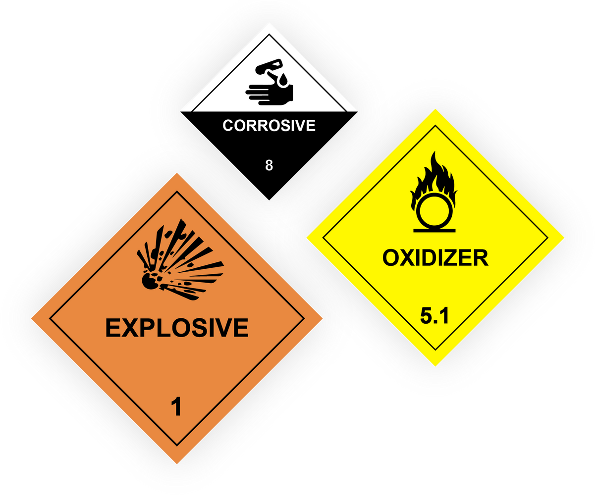 three dangerous goods tiles: corrosive, oxidizer and explosive