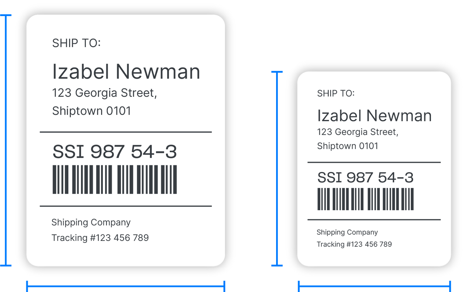 Shipping labels with measurement guides showing order details