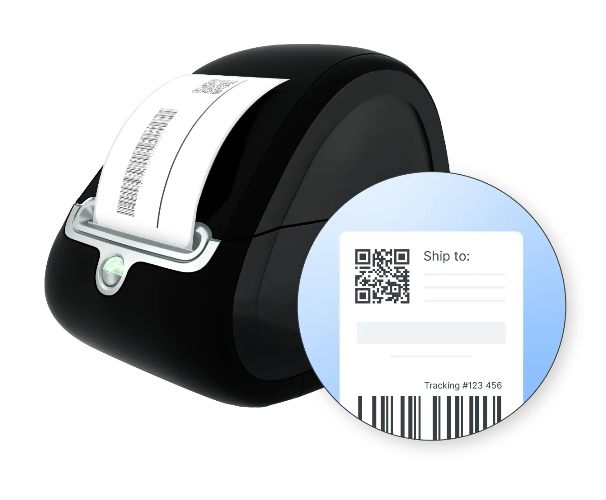 Shipping label printer with printed label and label inset