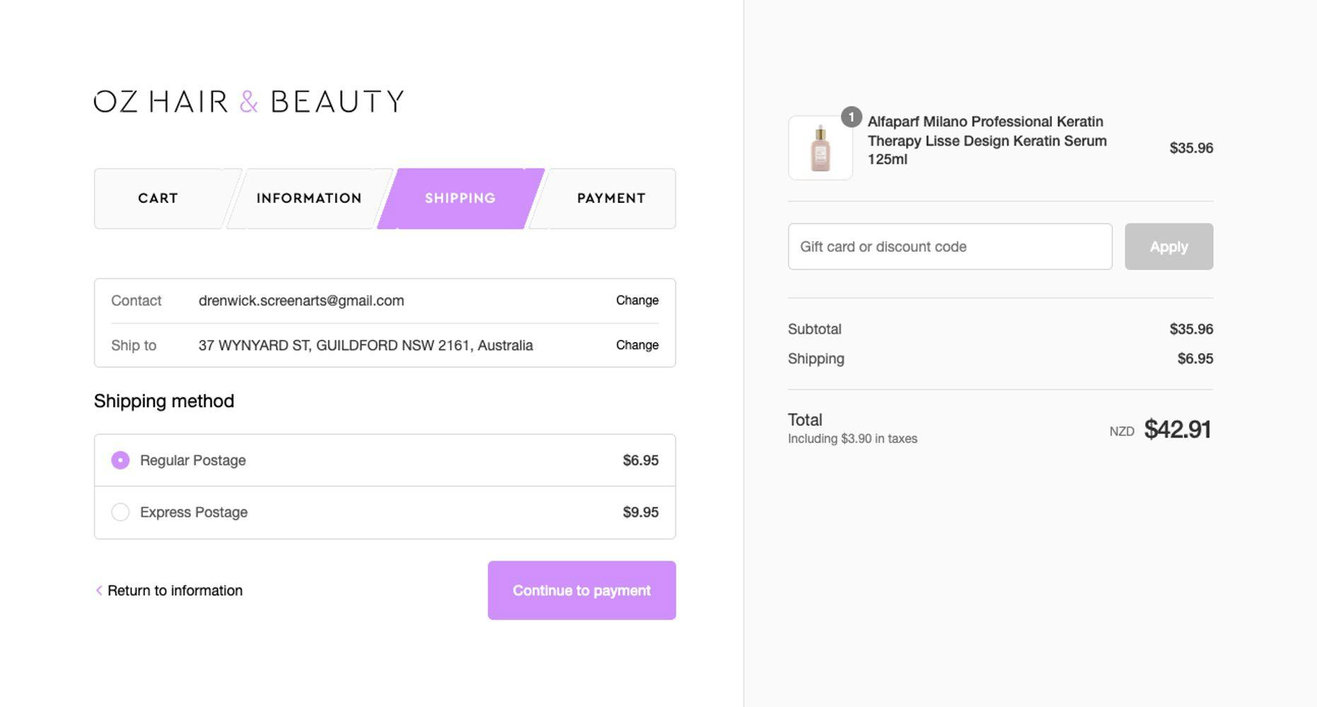 oz hair and beauty shopify checkout
