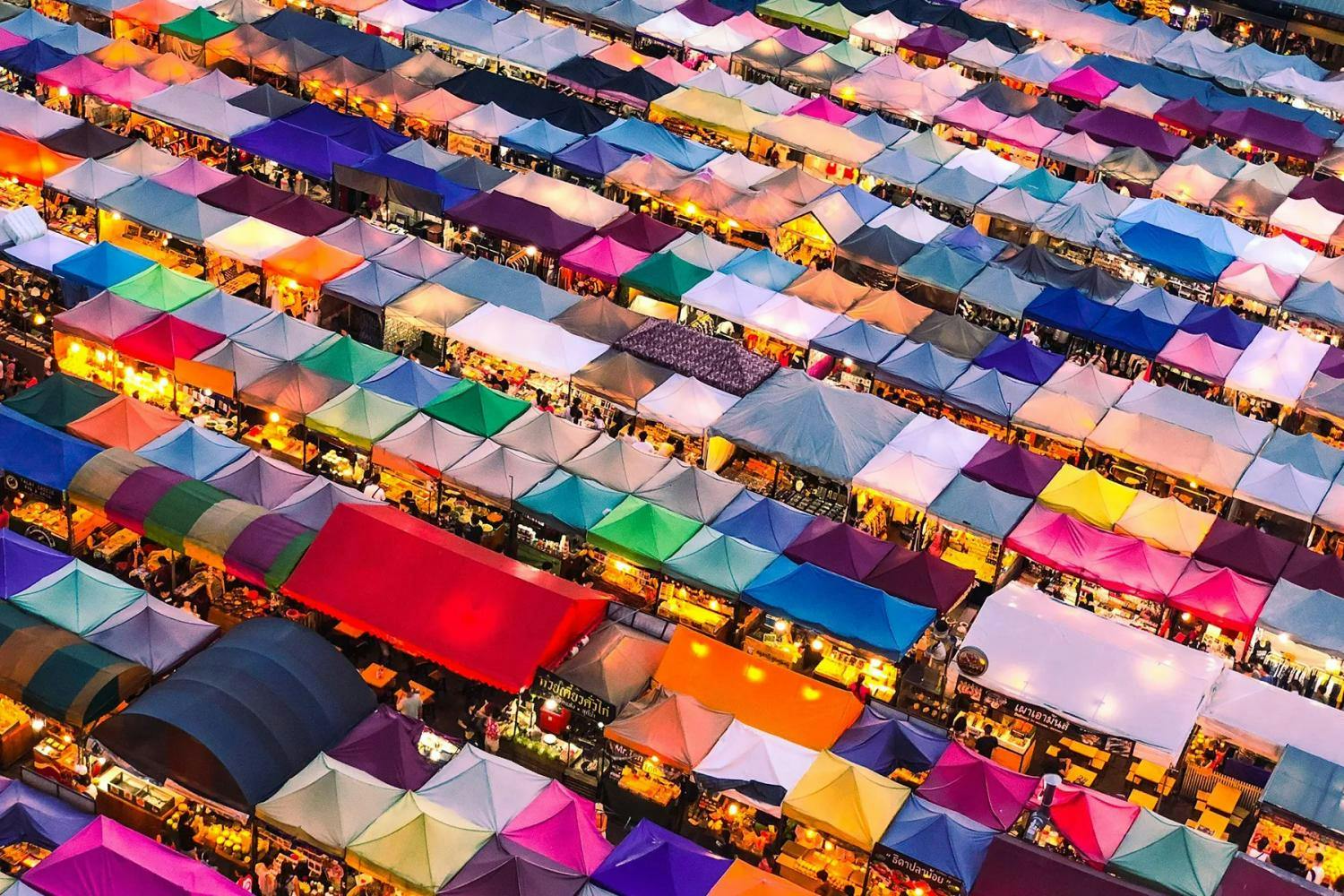 Colourful market stalls from above