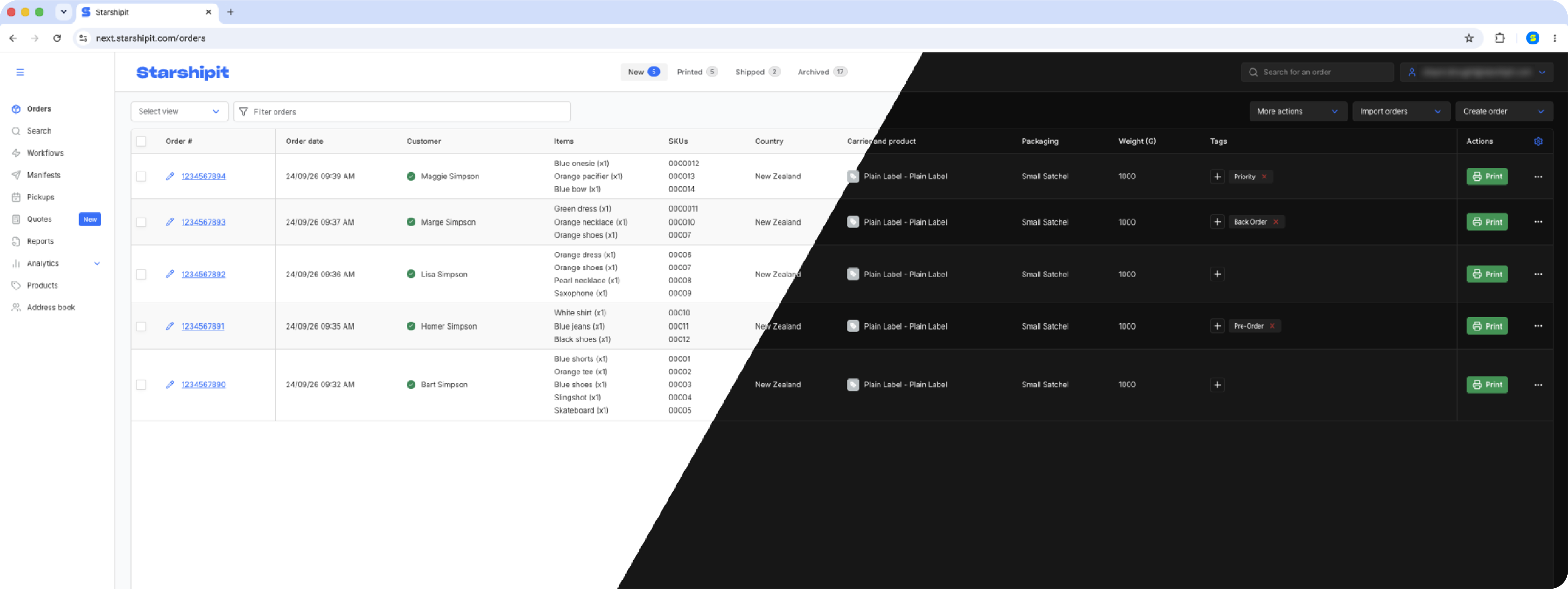 Starshipit Orders grid shown in light and dark mode Starshipit Orders grid shown in light and dark mode