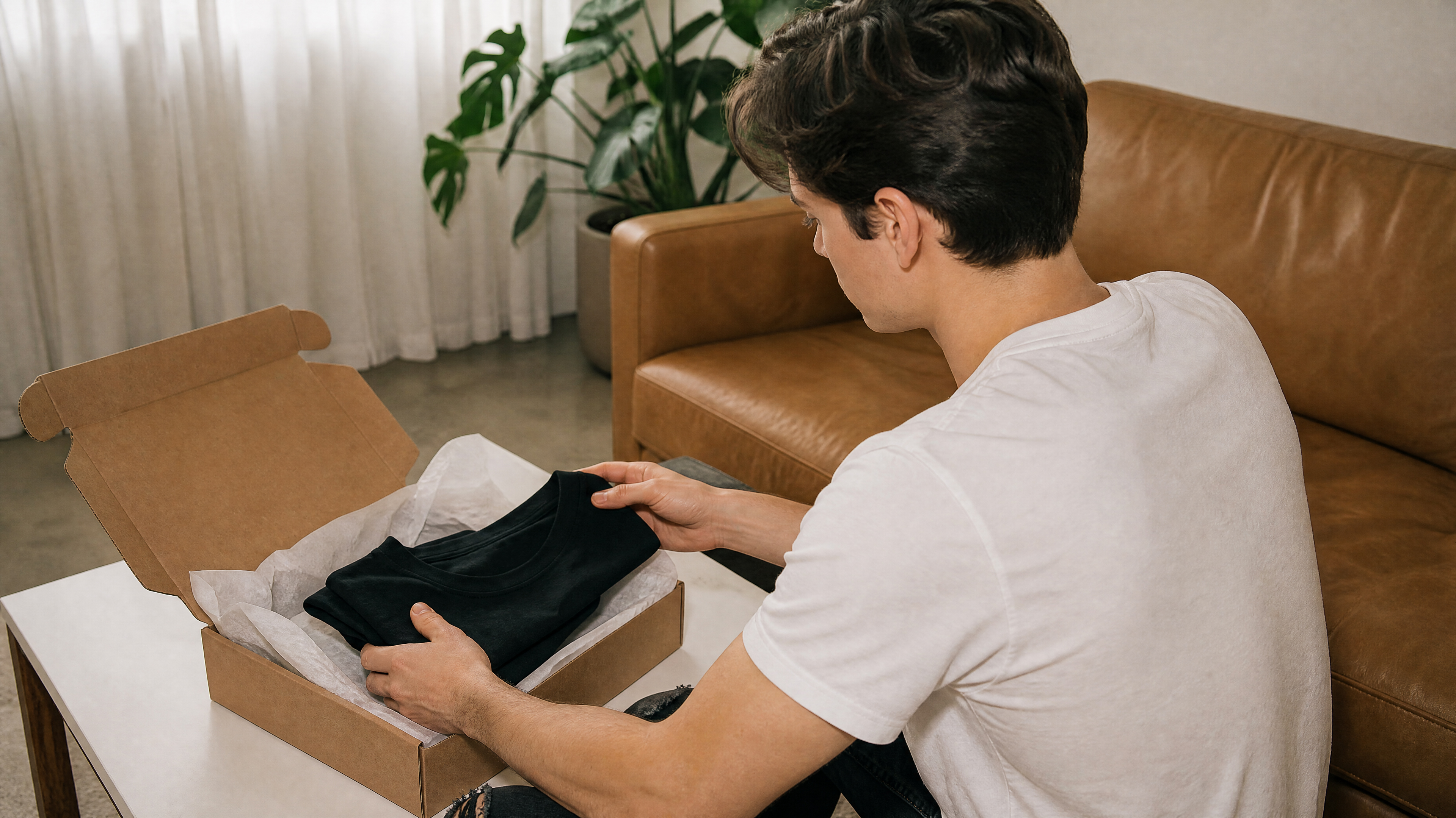 customer unboxing clothes over shoulder customer unboxing clothes over shoulder