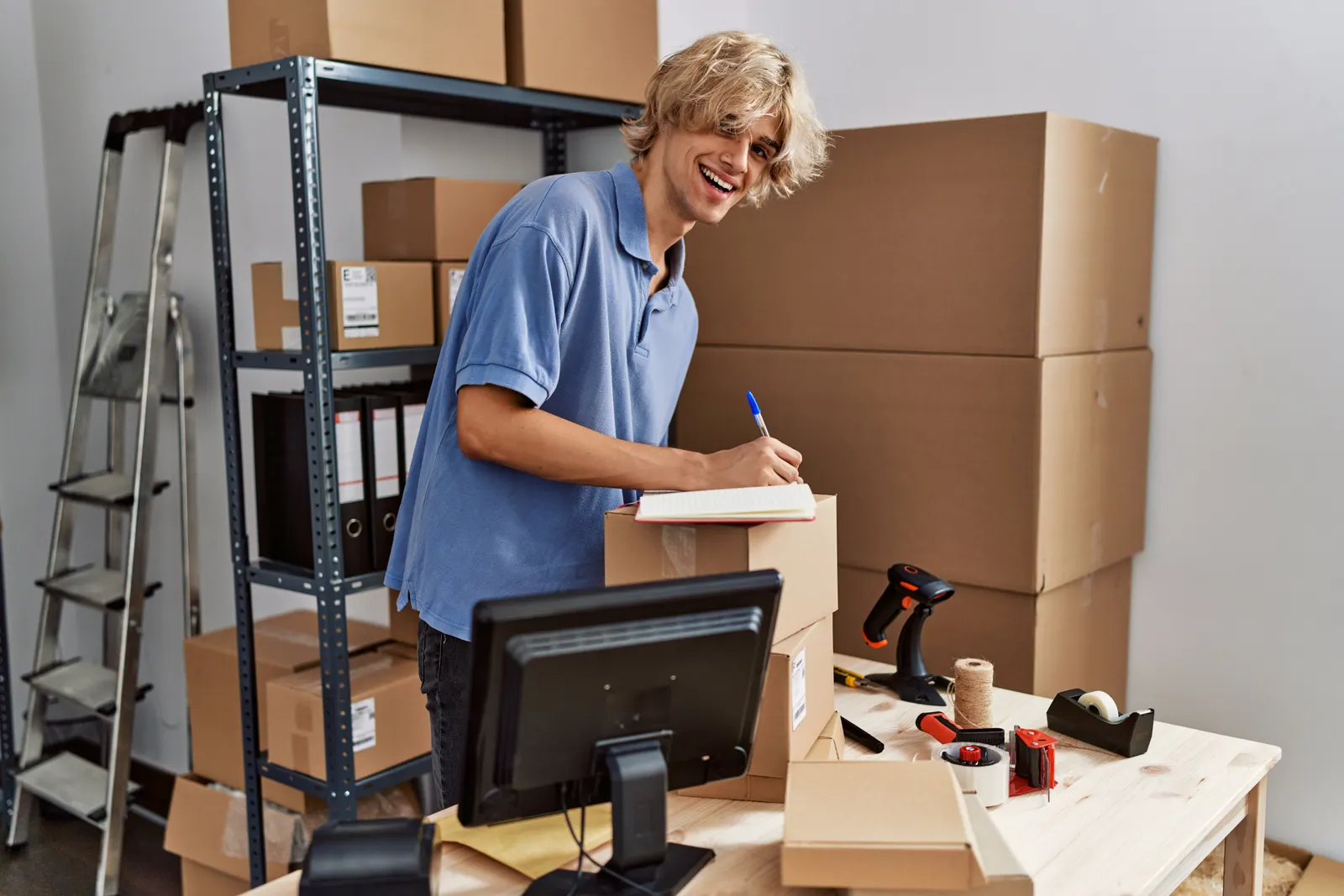 Retail operations worker using a laptop while planning ship from store workflows