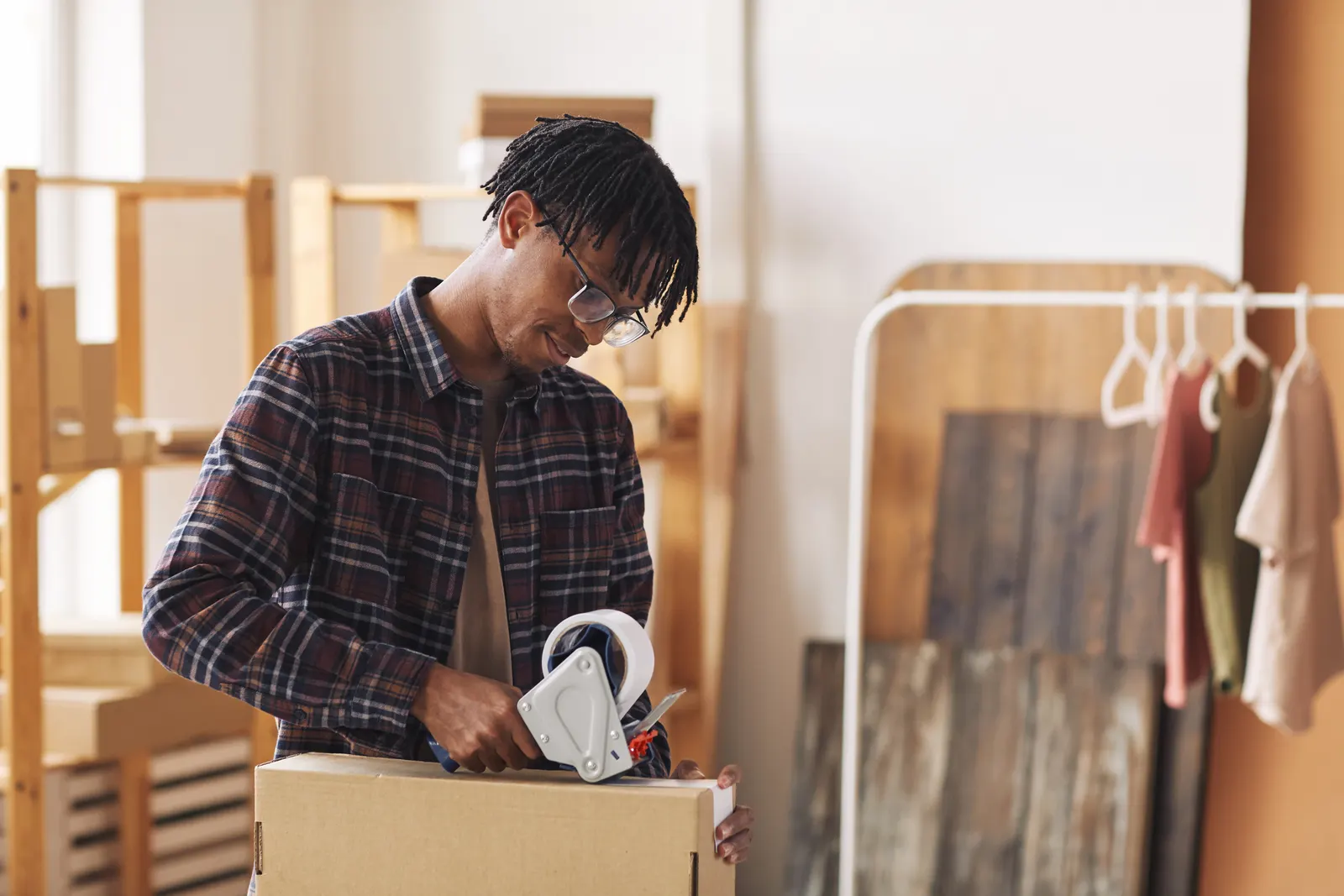 Retail fulfilment worker packing a parcel for ship from store dispatch