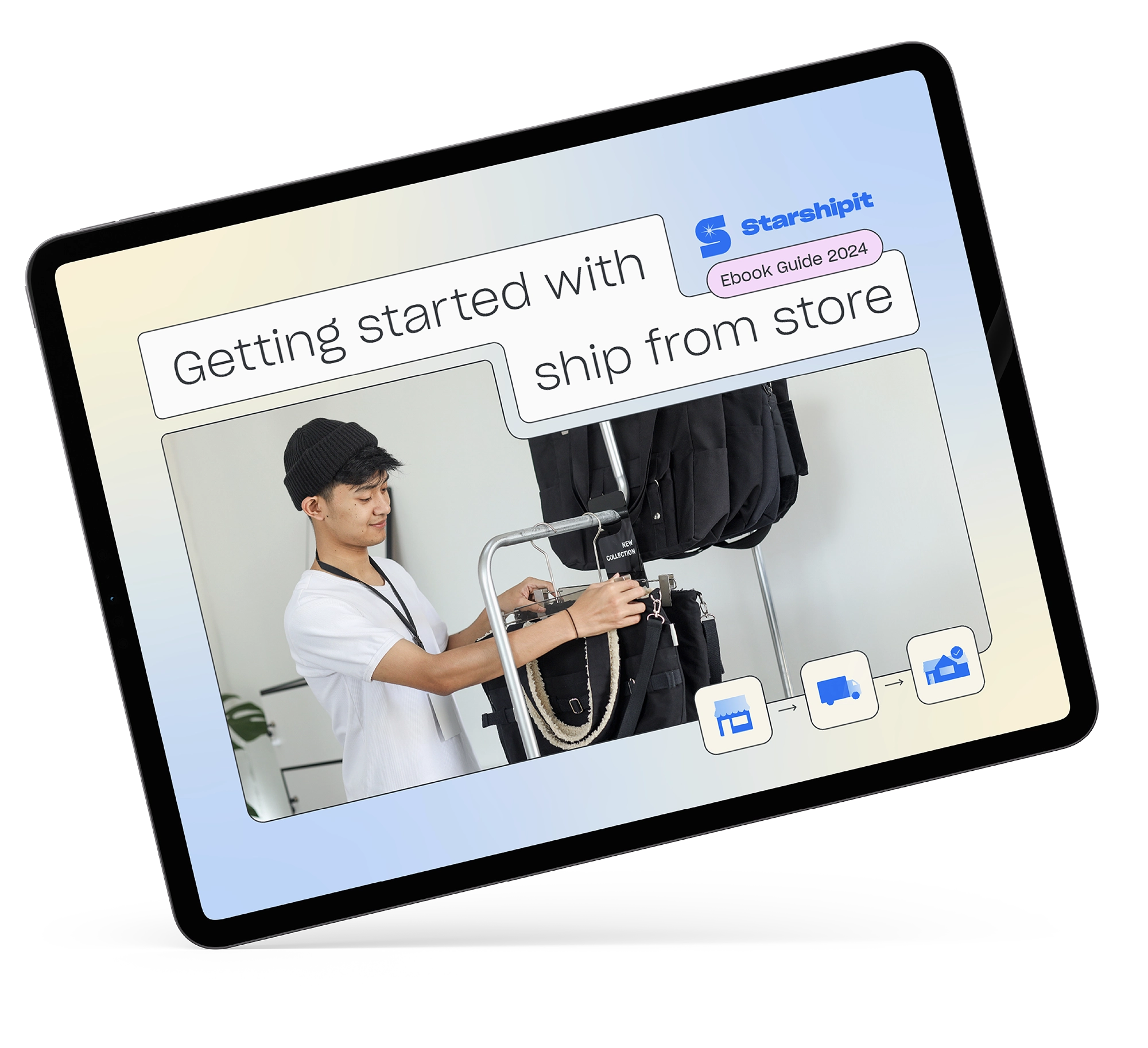 Getting started with ship from store ebook cover displayed on a tilted tablet